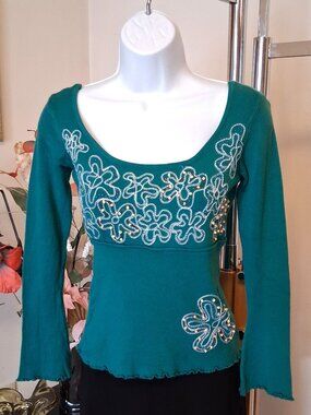 Dense Knit Cardigan Embroidered Sweater - Soft Spring Fall Winter Teal Blue S